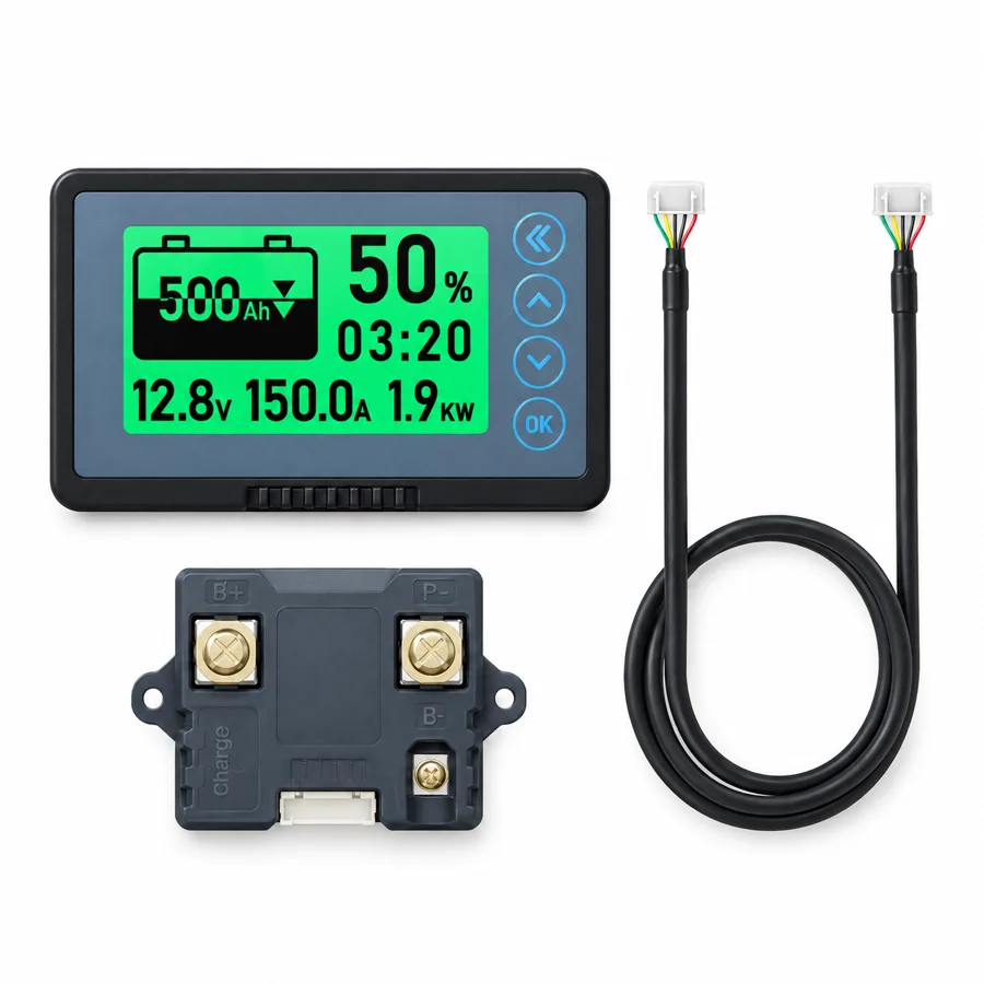 Amplume — shows battery level, power and time on one backlit screen