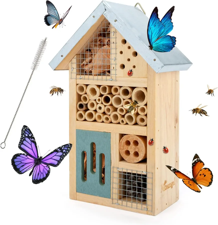 Niteangel Natural Wooden Insect Hotel — slim hanging hotel with an iron top