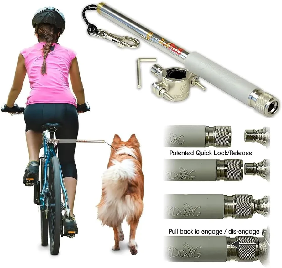 WalkyDog Plus — springs in a steel wand that swaps between bikes