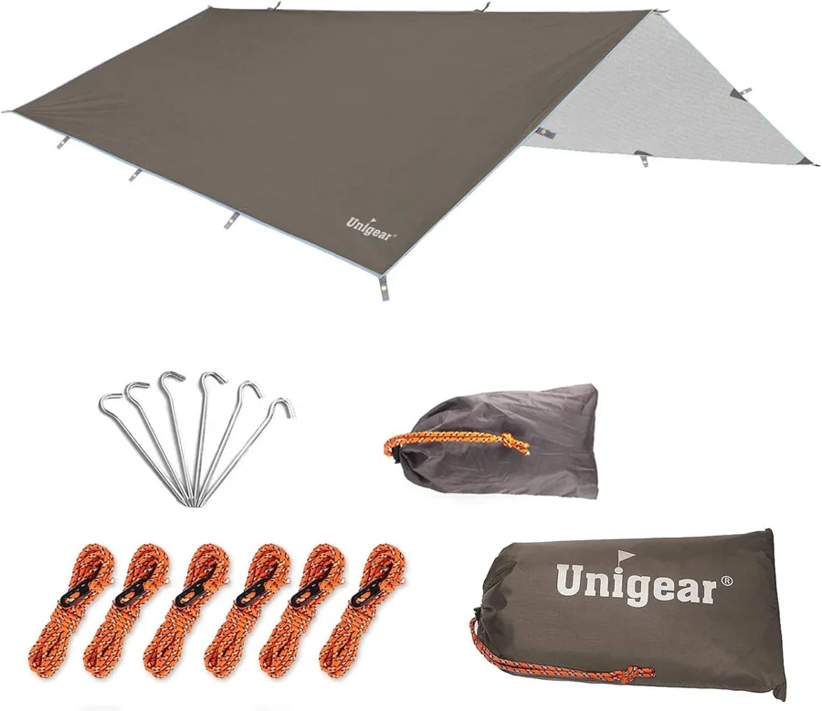 Unigear — reinforced rain fly with stakes and ropes for hammock camps