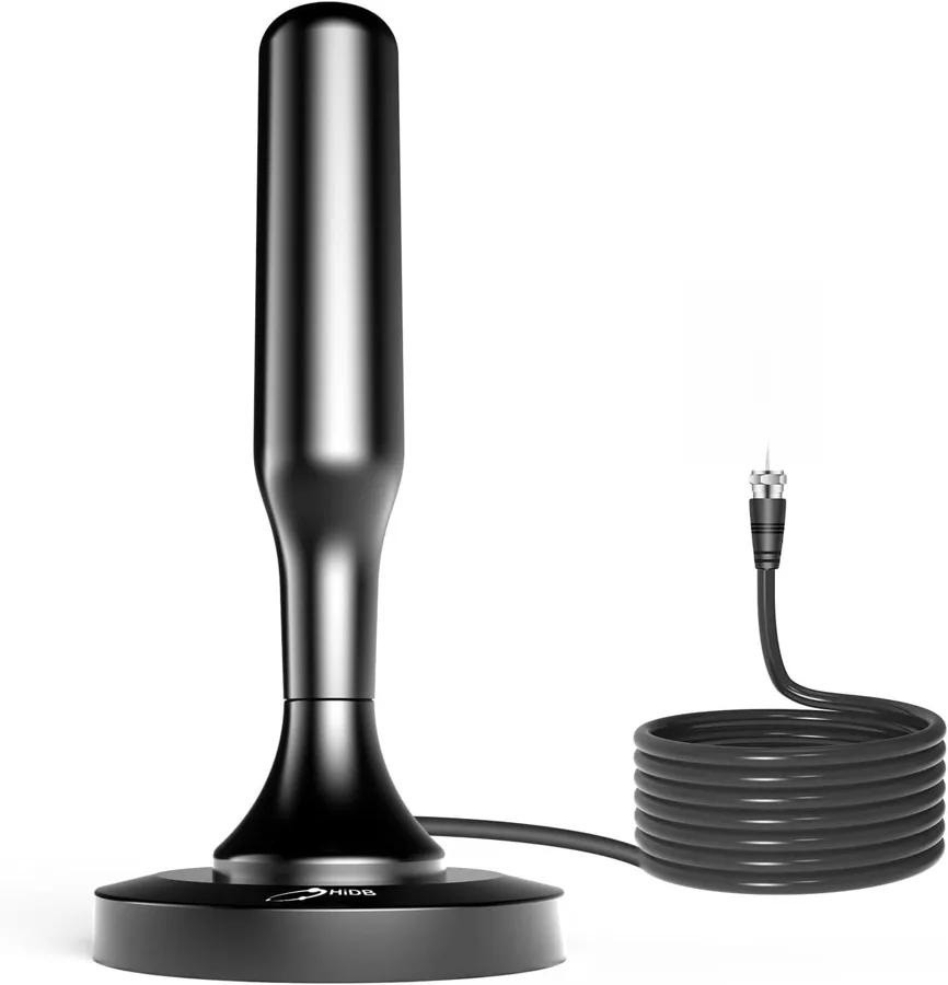 HIDB Digital Tv Antenna — Compact magnetic base that hides on a shelf