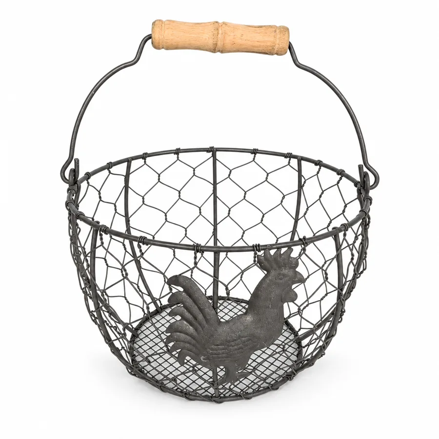 Dawnyolk — wood grip handle on a rustic iron wire basket