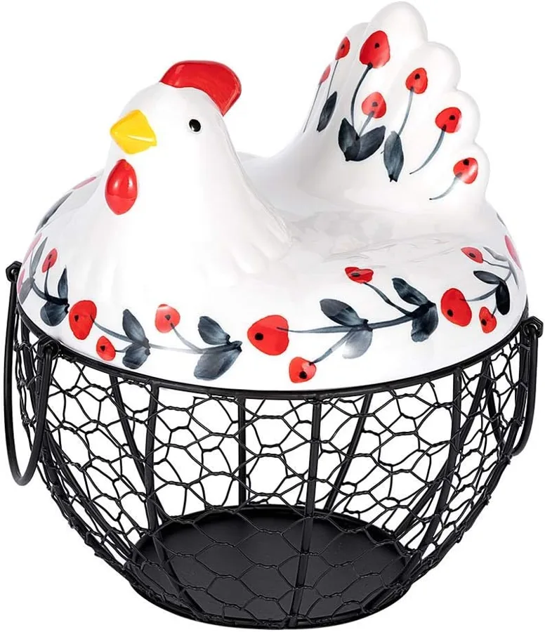 oskas — ceramic chicken lid over a black wire basket