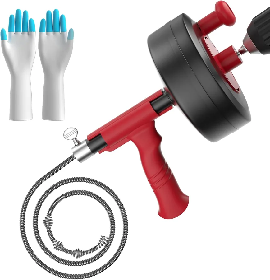 Drain Hand Crank Drain Snake — red 7.6 m (25 ft) drum with drill adapter and gloves