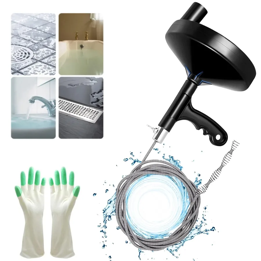 Drain Auger 7.6 m (25 ft) with Gloves — pistol grip drum for sinks and tubs