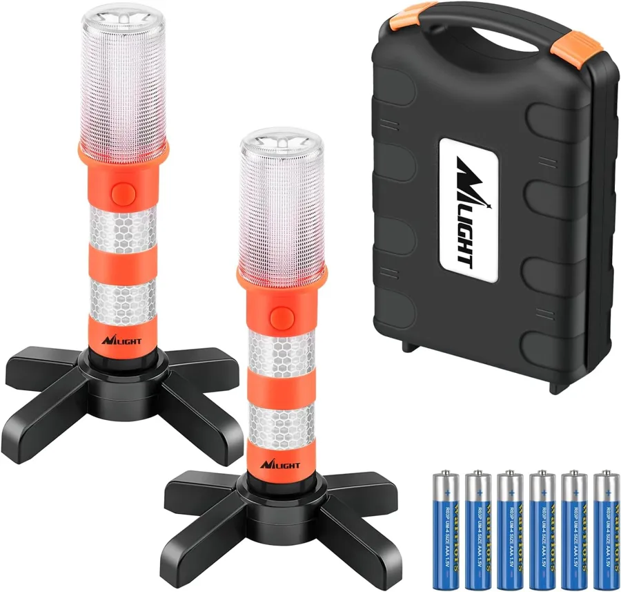 Nilight Road Flares — hard case and batteries in the box