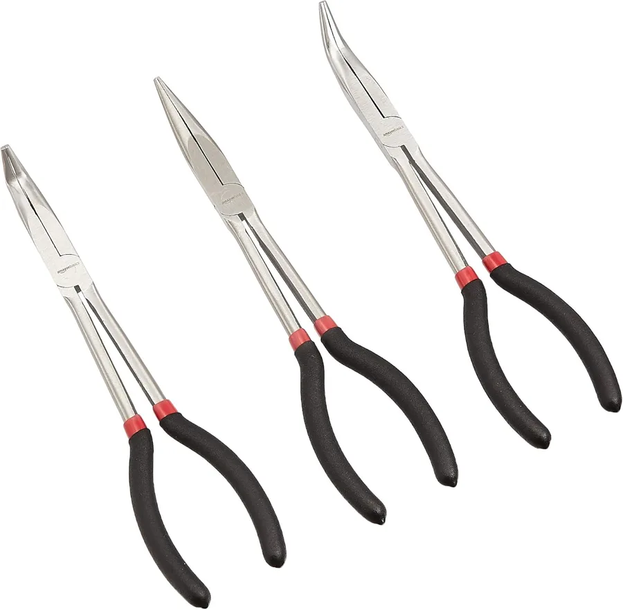 Amazon Basics Long Needle Nose Pliers — three angle heads in one set