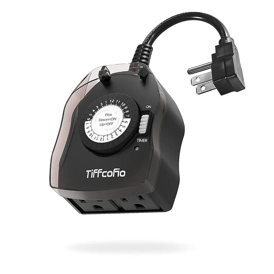 TiFFCOFiO Outdoor Timer — weather-ready dial with two grounded outlets