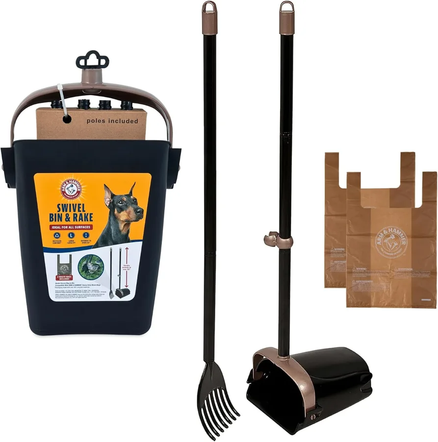 Arm & Hammer Swivel Bin & Rake — bag hooks keep waste contained