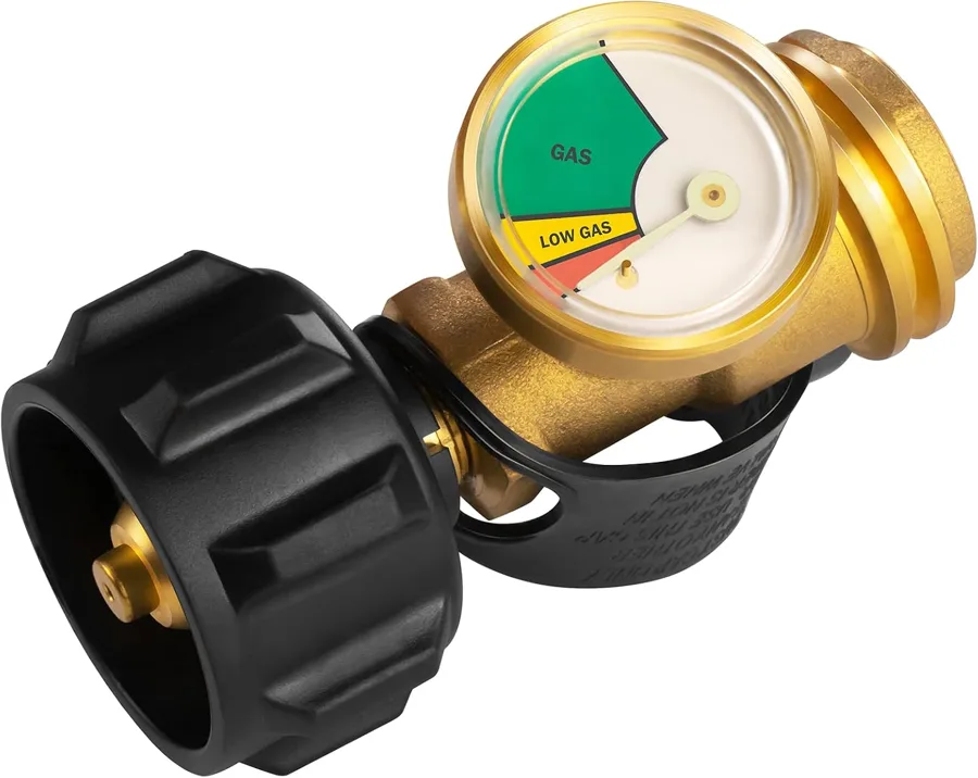 DOZYANT Propane Tank Gauge — brass body with a color-coded dial