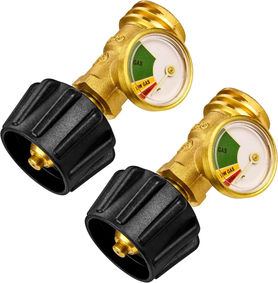 Flame King Propane Tank Gauge — glowing dial and flow shutoff in a two pack