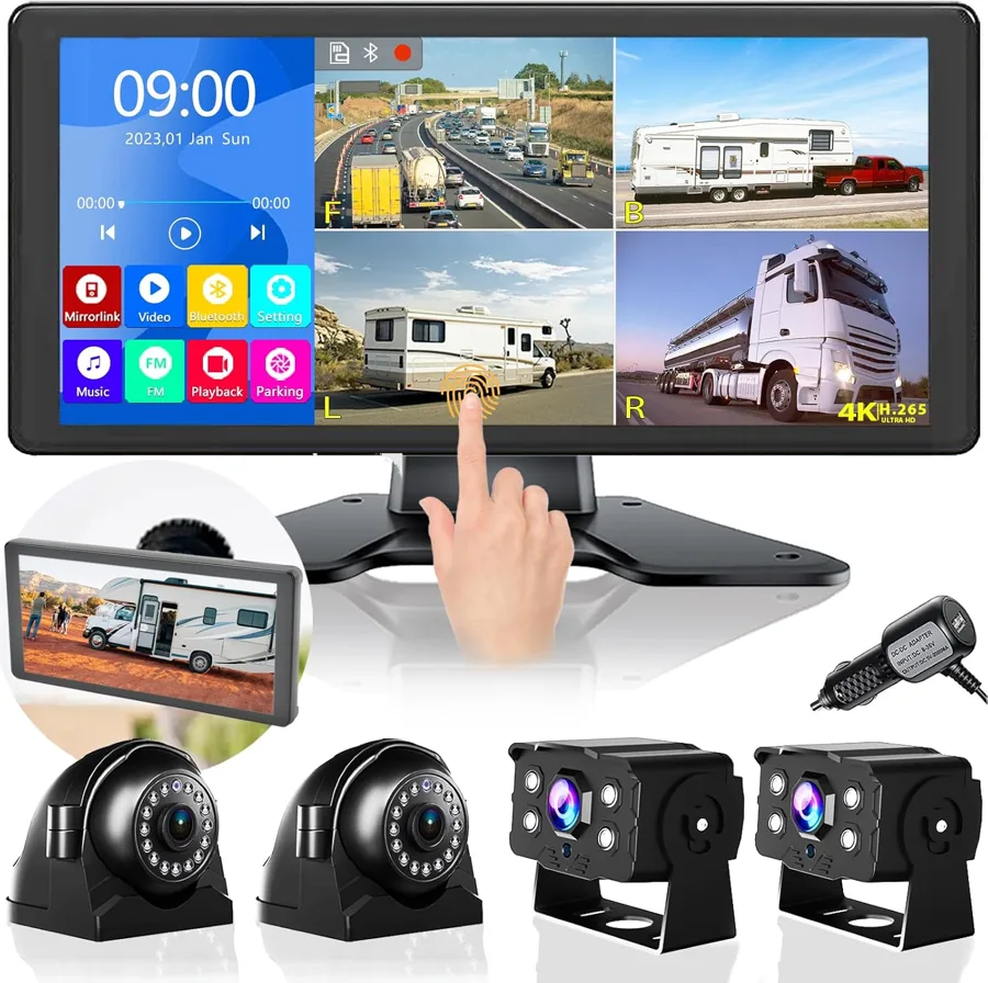 VOONOA RV Backup Camera System — large quad split screen, wired cameras