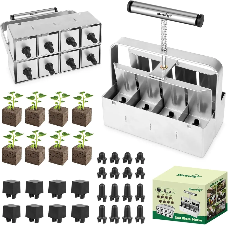 BlumWay 8 Cell Soil Blocker — eight blocks with three seed pin shapes