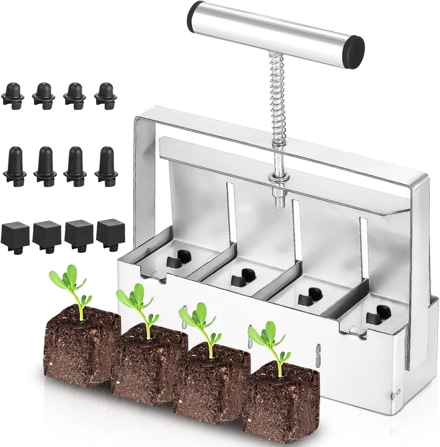 FANFX Soil Blocker — stainless steel four-cell tool that cleans easily