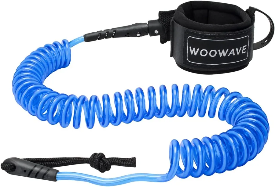 WOOWAVE Surfboard Leash — coiled cord stretching to 11 ft (3.35 m)