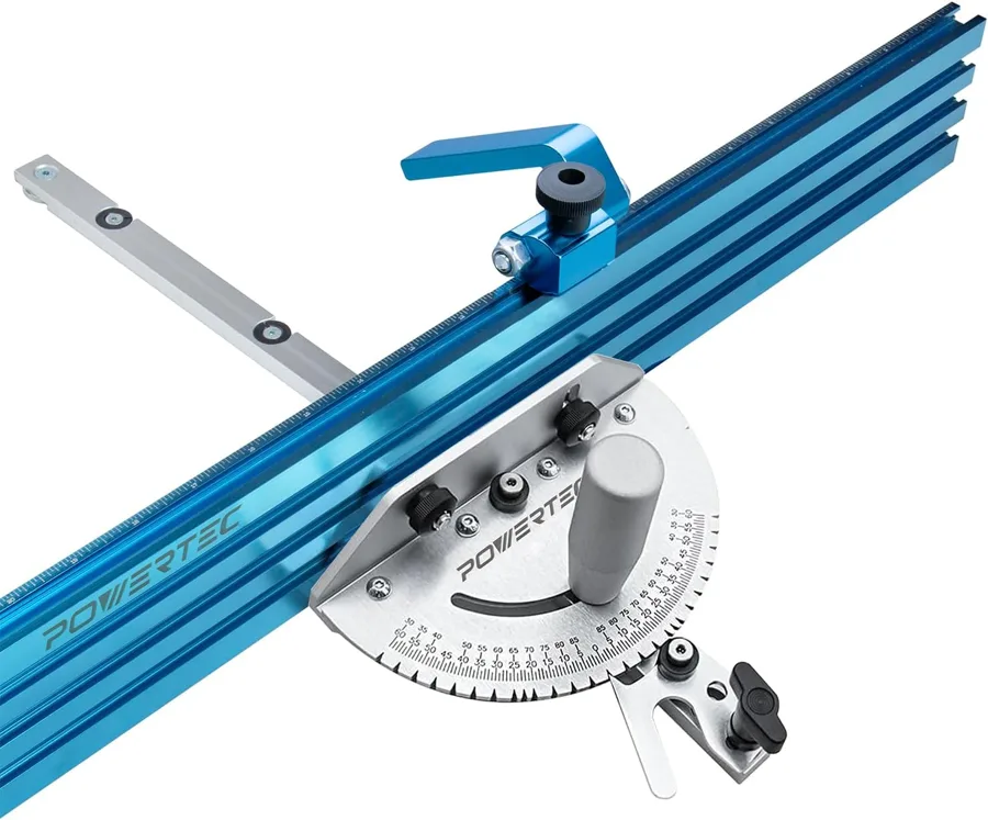 POWERTEC Miter Gauge — T track fence with 27 angle stops