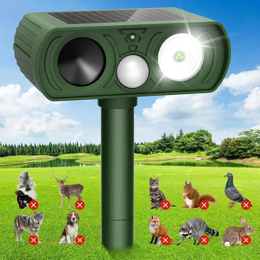 Solar Ultrasonic Animal Repellent — solar motion-triggered yard unit