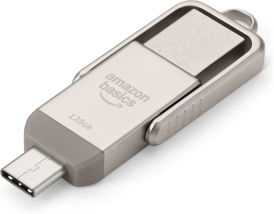 Amazon Basics 128GB USB Flash Drive — dual ports on a metal body