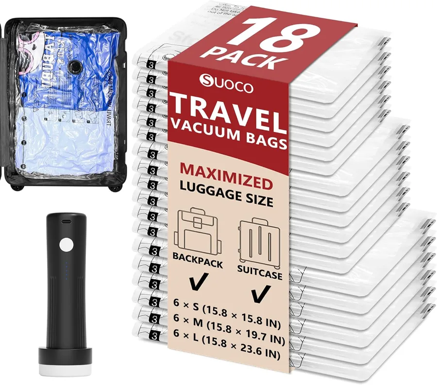 SUOCO Vacuum Compression Bags — carry on sizes with a cordless pump
