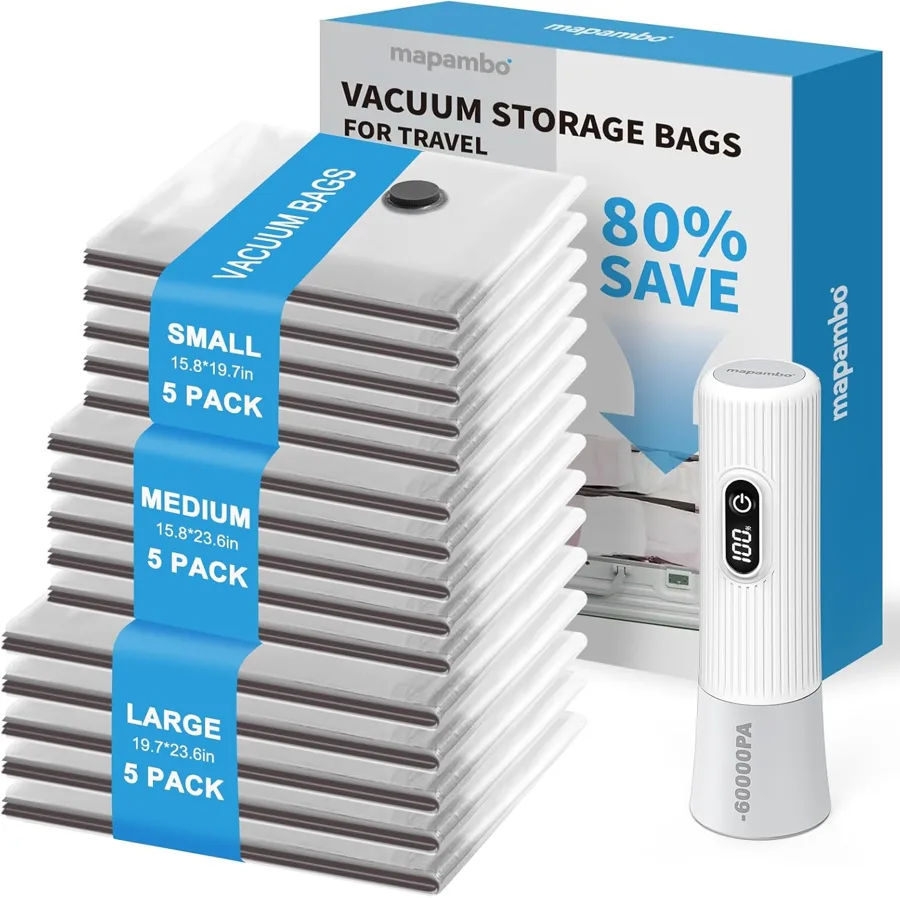 Mapambo Travel Vacuum Bags — triple sealed valve and LED display pump