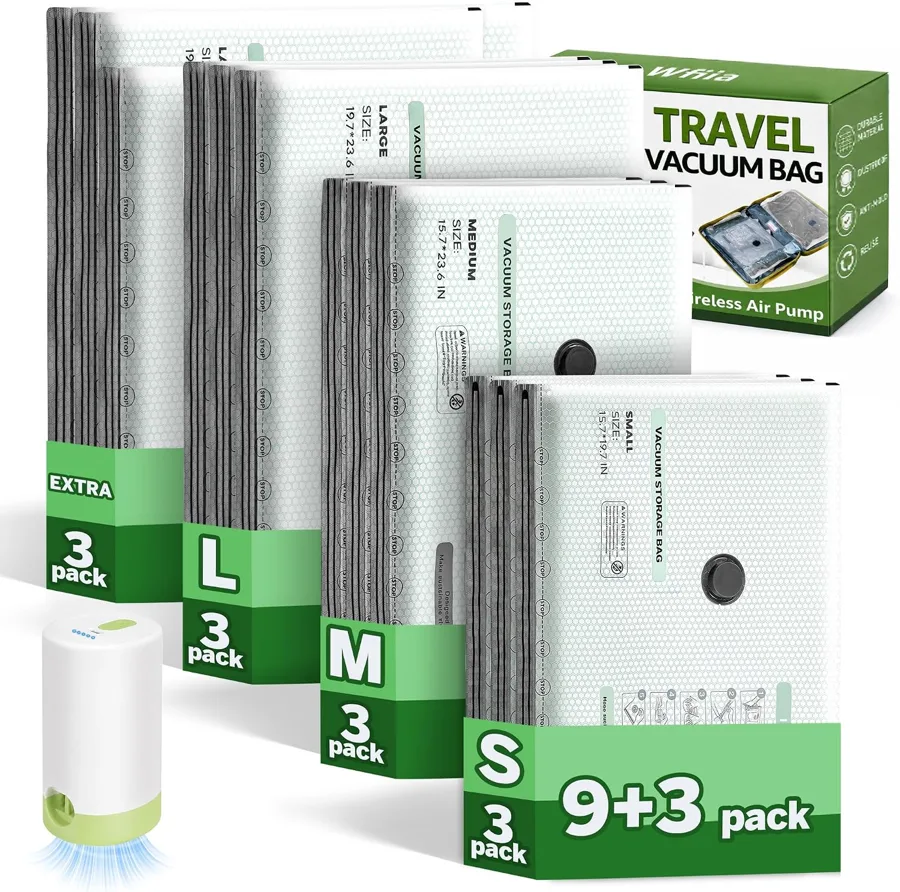 Wfiia Vacuum Compression Bags — rechargeable USB pump with 12 travel bags