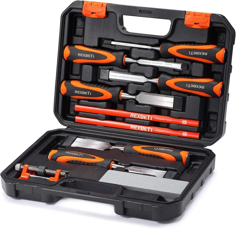 REXBETI — Six chisels with honing guide, stone and case